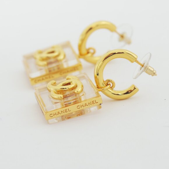 CHANEL Clear Square CC Logos Gold-tone Drop Earrings - Picture 4 of 7